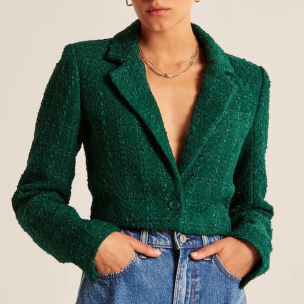 A&F Green Cropped Tweed Blazer, small